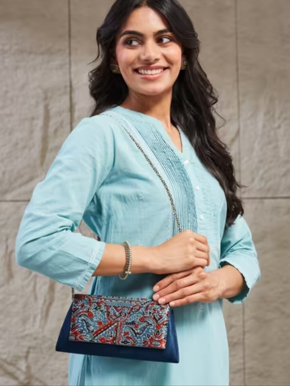Fabindia Indigo Multi-Color Patterned Chain Clutch